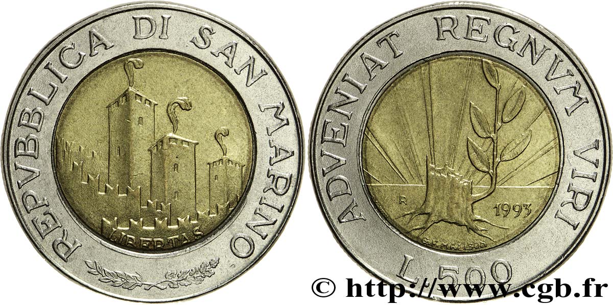 SAN MARINO 500 Lire : les trois tours de San Marin 1993 Rome - R SPL 