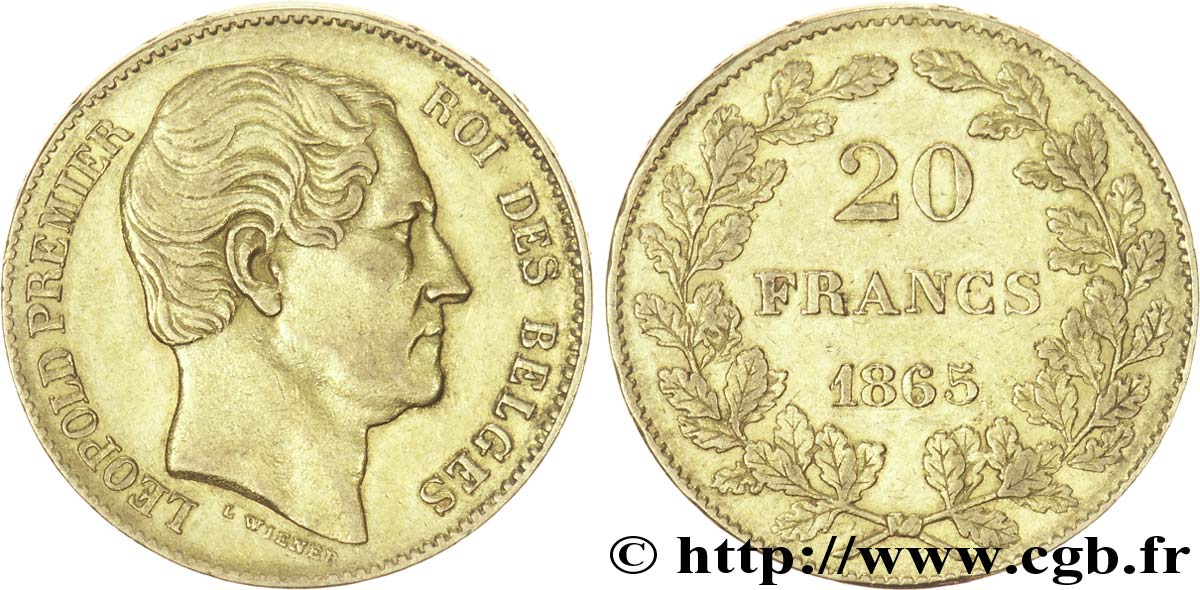 BELGIQUE 20 Francs Léopold Ier 1865 Bruxelles TTB+ 