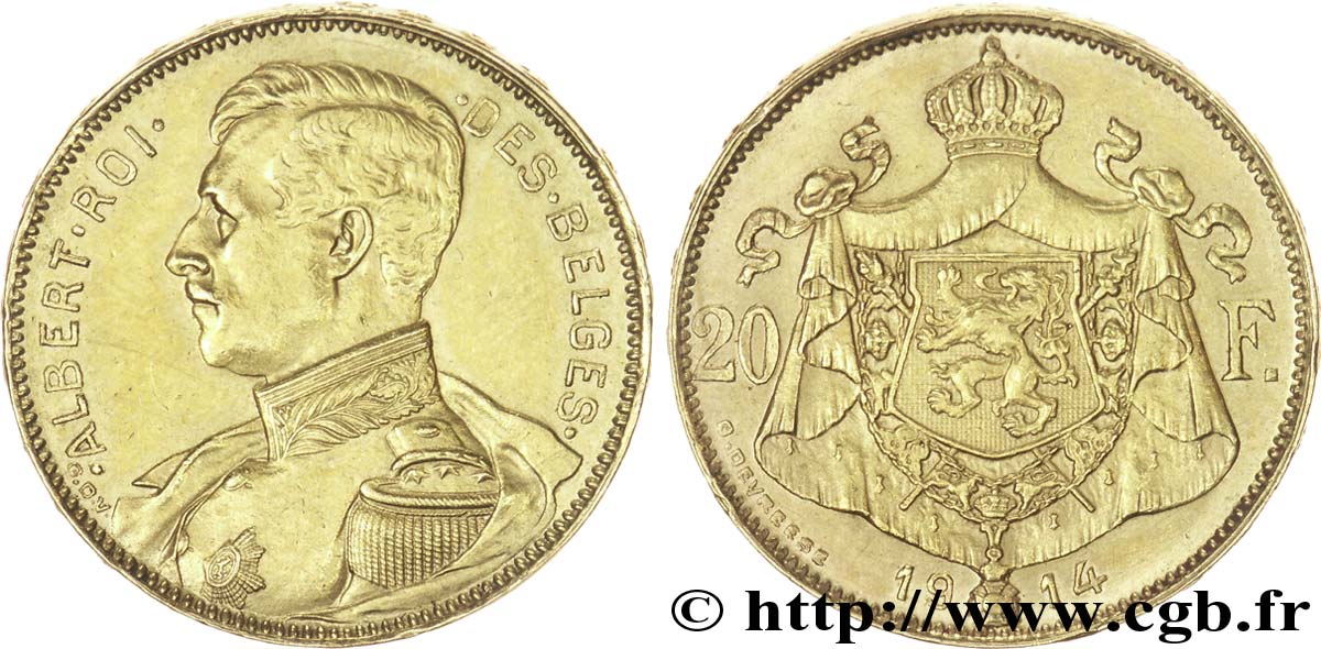 BELGIQUE 20 Francs or Albert Ier tête nue légende française, tranche position A 1914  TTB+ 