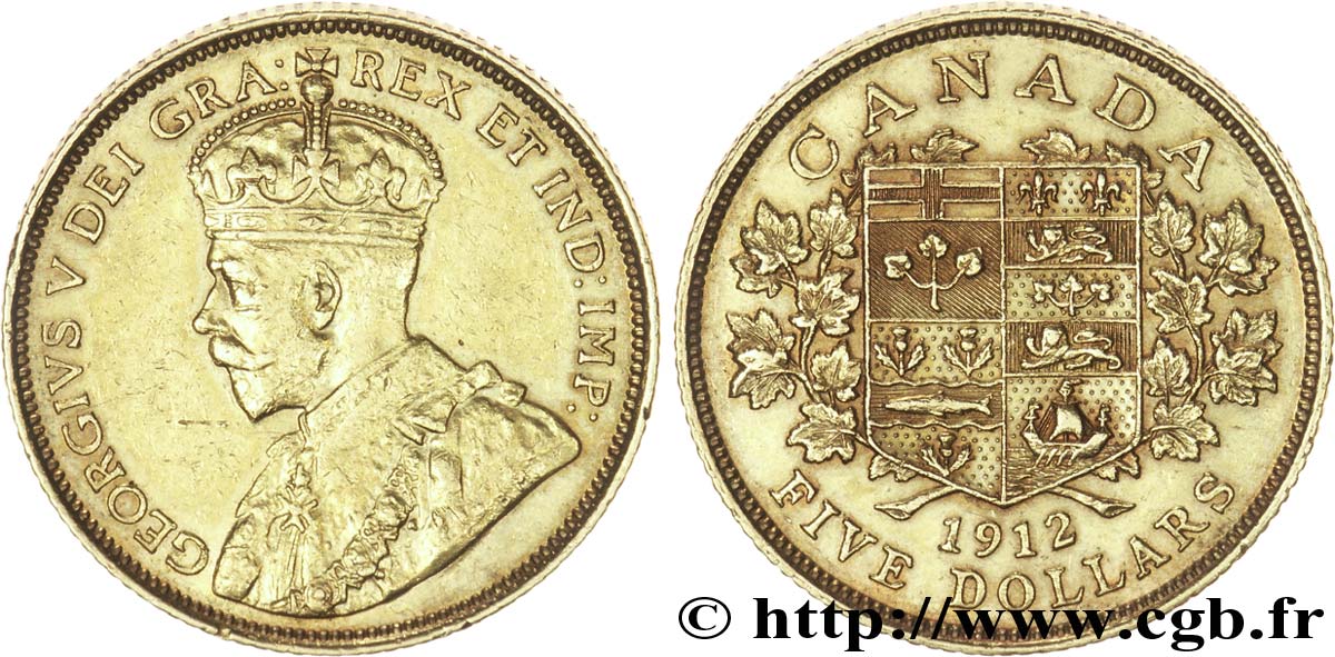 CANADA 5 Dollars or Georges V / armes du Canada 1912 Ottawa TTB+ 