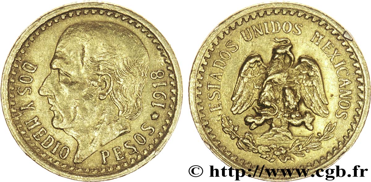 MEXIQUE 2 1/2 Pesos or Aigle du Mexique / Miguel Hidalgo 1918 Mexico SUP 