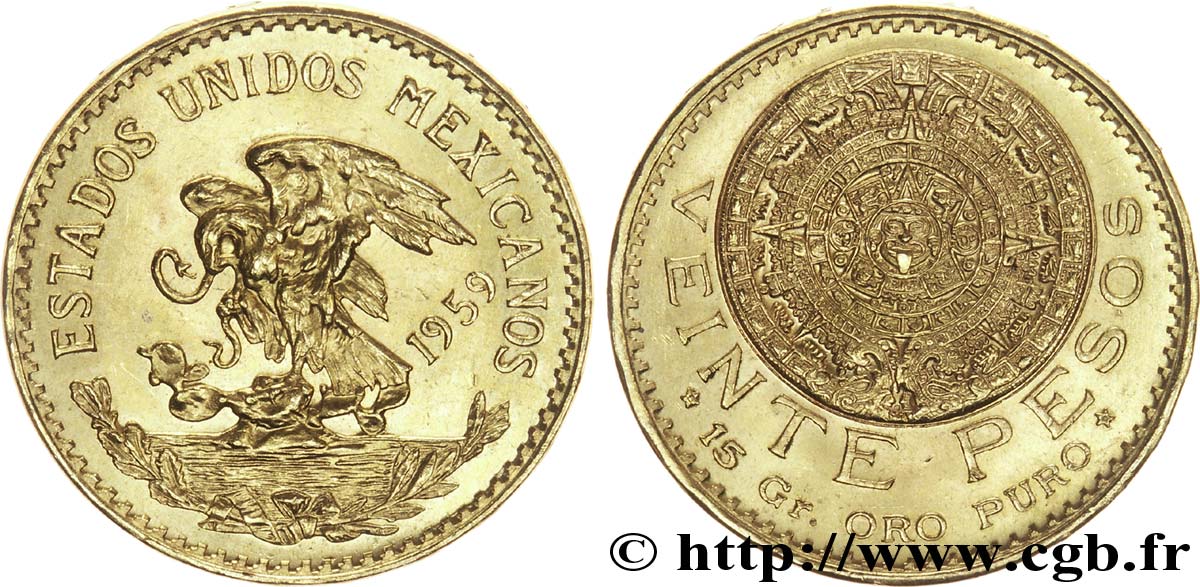 MEXIQUE 20 Pesos or Aigle du Mexique / la “Pierre du Soleil” (calendrier aztèque) 1959 Mexico SUP 