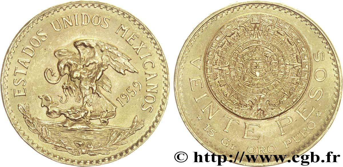MEXIQUE 20 Pesos or Aigle du Mexique / la “Pierre du Soleil” (calendrier aztèque) 1959 Mexico SPL 