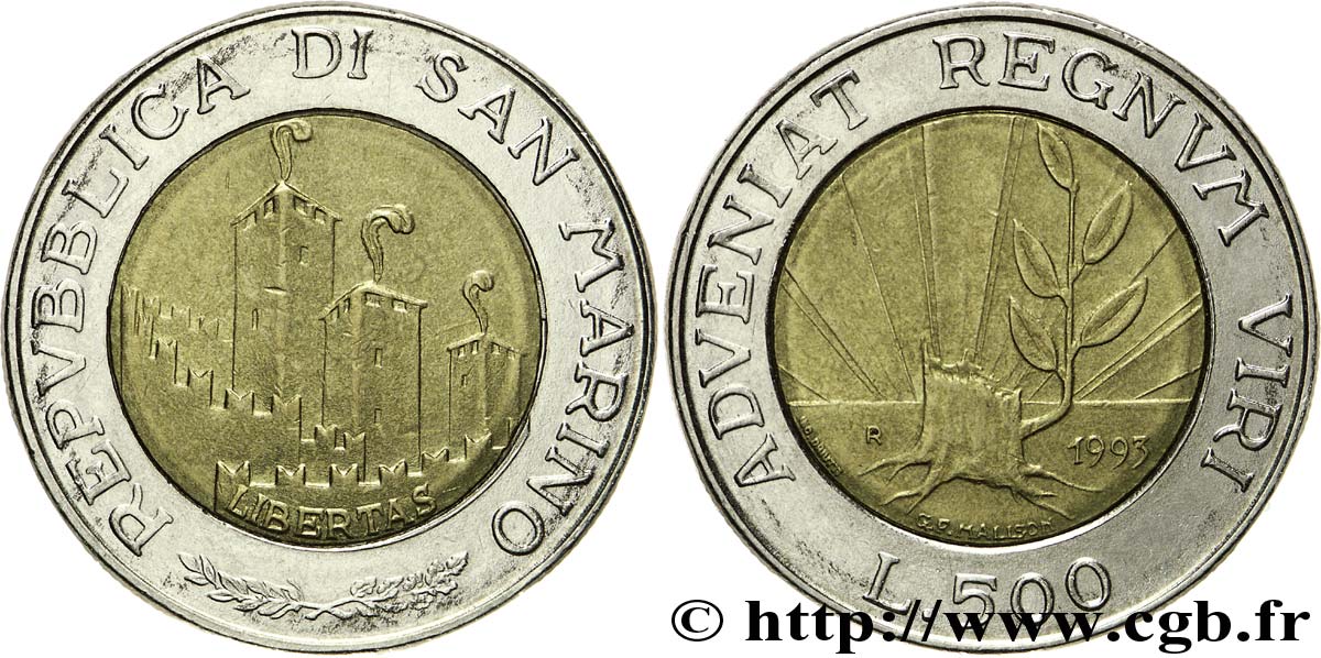 SAINT-MARIN 500 Lire : les trois tours de San Marin 1993 Rome - R TTB 