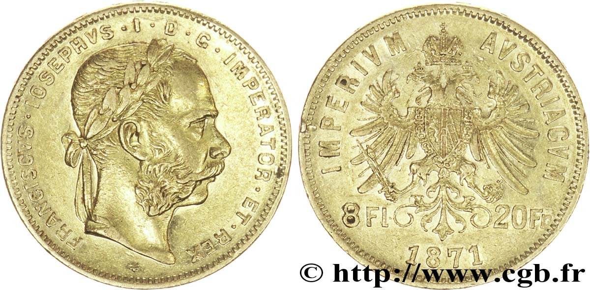 AUTRICHE 8 Florins ou 20 Francs or François-Joseph Ier / Aigle bicéphale couronné 1873 Vienne SUP 