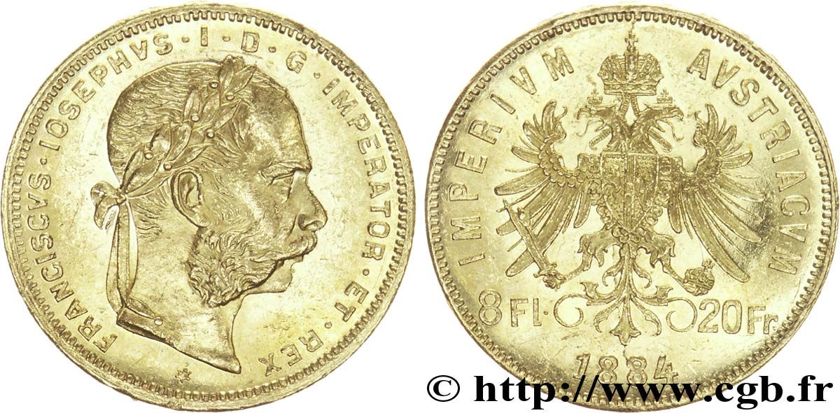 AUTRICHE 8 Florins ou 20 Francs or François-Joseph Ier / Aigle bicéphale couronné 1884 Vienne SUP 