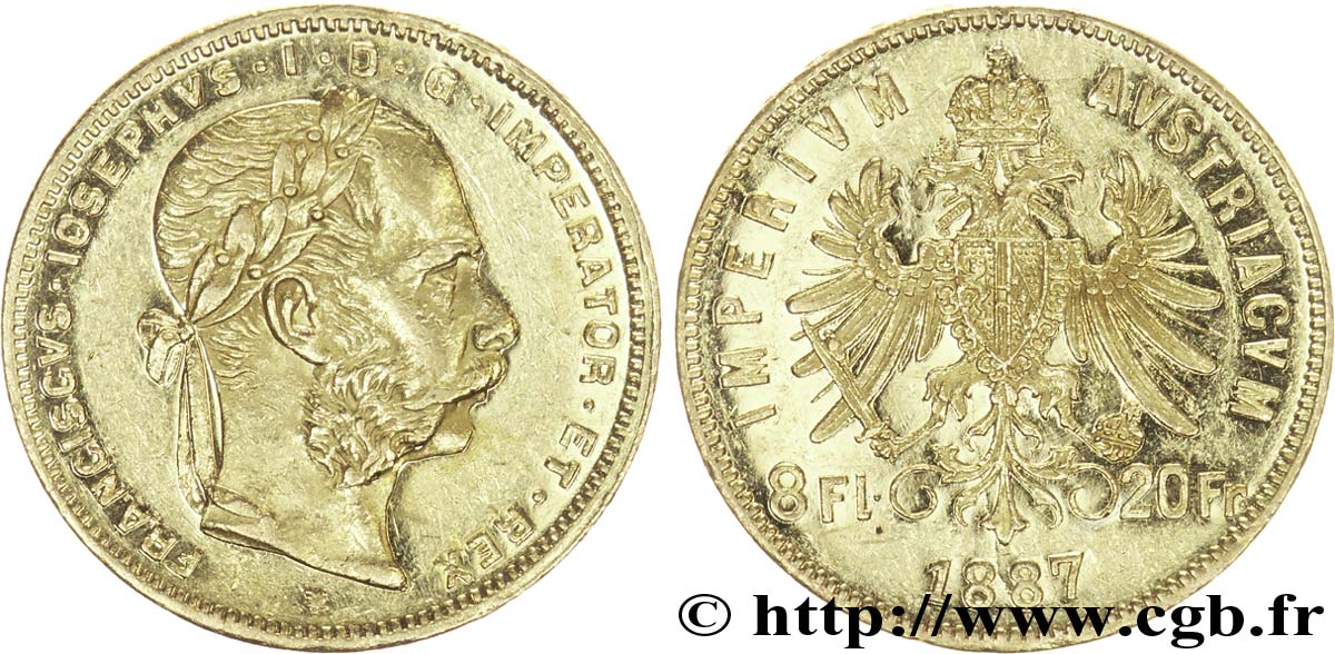 AUTRICHE 8 Florins ou 20 Francs or François-Joseph Ier / Aigle bicéphale couronné 1887 Vienne TTB+ 
