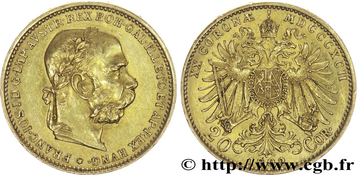 AUTRICHE 20 Corona or François Joseph Ier / Aigle bicéphale héraldique couronné 1892 Vienne TTB+ 