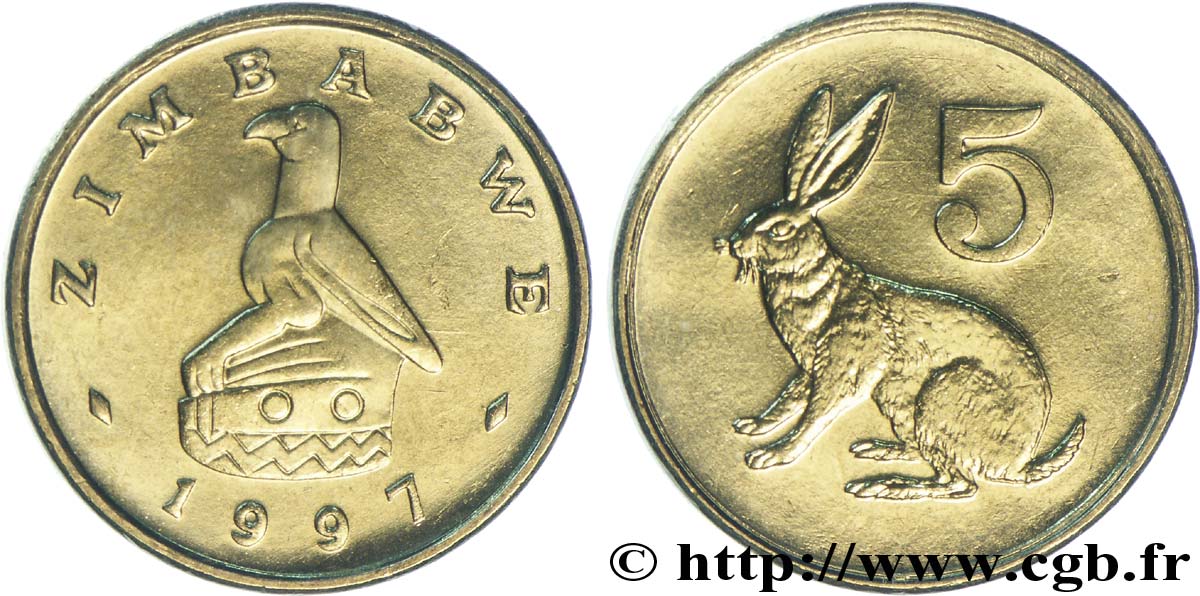 ZIMBABWE 5 Cents emblème à l’aigle / lapin 1997  SPL 