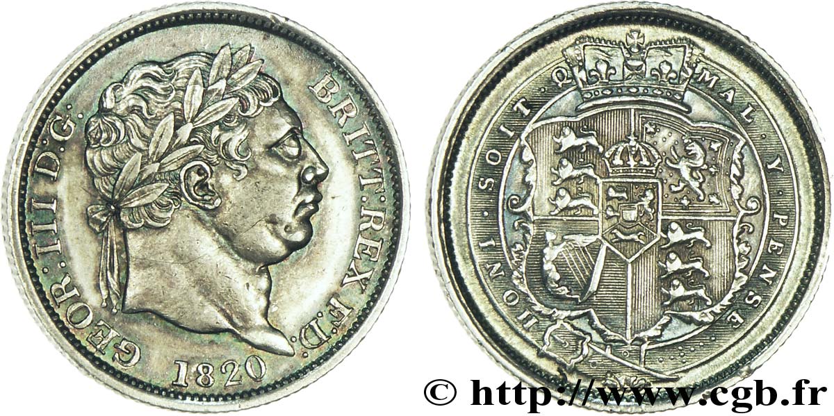 ROYAUME-UNI 1 Shilling Georges III tête laurée / écu couronné 1820  SUP 
