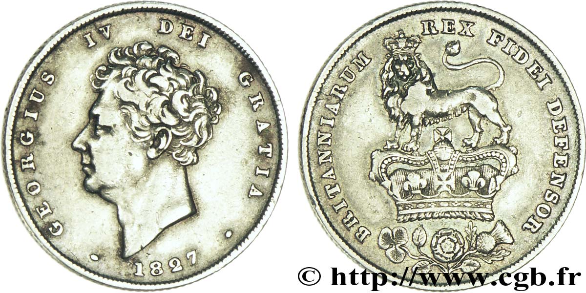 ROYAUME-UNI 1 Shilling Georges IV tête nue / lion surmontant une couronne 1827  TTB 