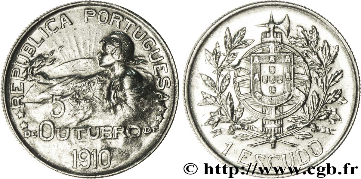 PORTUGAL 1 Escudo naissance de la République (frappée en 1914, commémore le 5 octobre 1910) 1910  TTB+ 