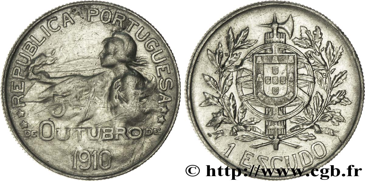 PORTUGAL 1 Escudo naissance de la République (frappée en 1914, commémore le 5 octobre 1910) 1910  TTB 