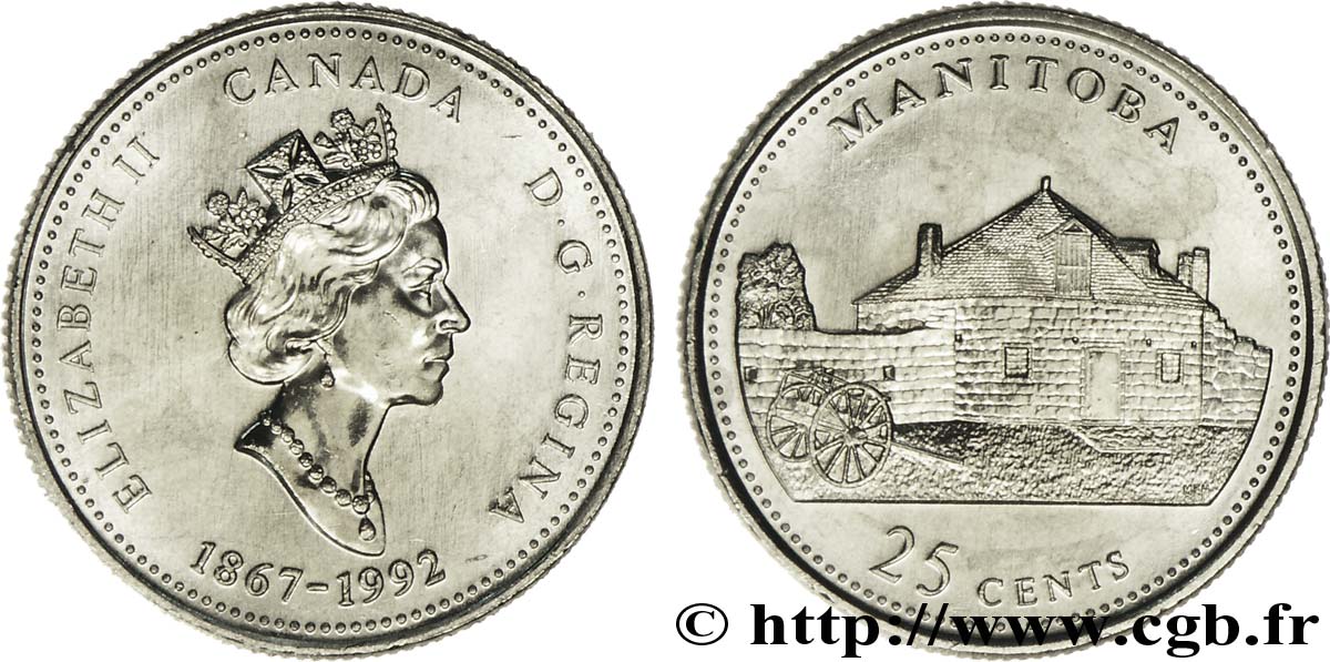 KANADA 25 Cents 125e anniversaire de la Confédération : Manitoba :  Elisabeth II  1992  fST 