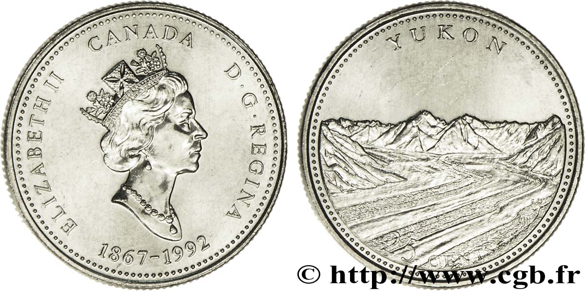 CANADA 25 Cents 125e anniversaire de la Confédération : Yukon 1992  MS 