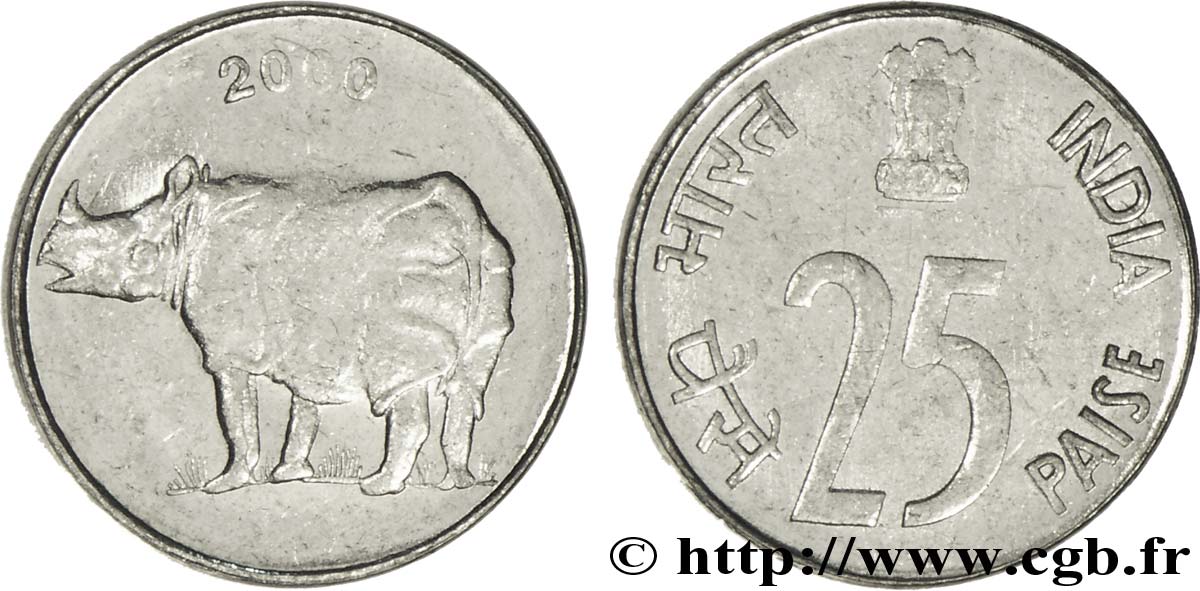 INDE 25 Paise lions stylisés rhinocéros 2000 Calcutta SUP 