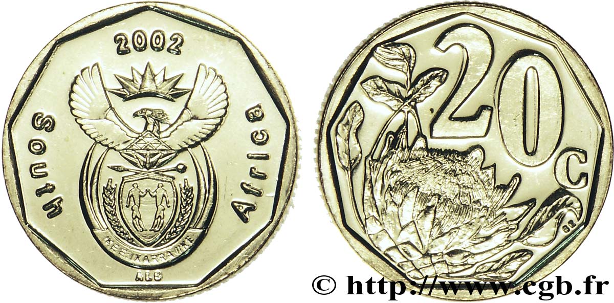 AFRIQUE DU SUD 20 Cents emblème / fleur 2002  SPL 