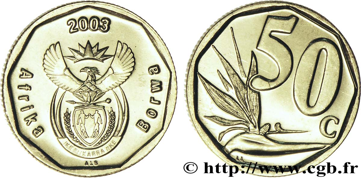 AFRIQUE DU SUD 50 Cents emblème / fleur oiseau de paradis 2003  SPL 