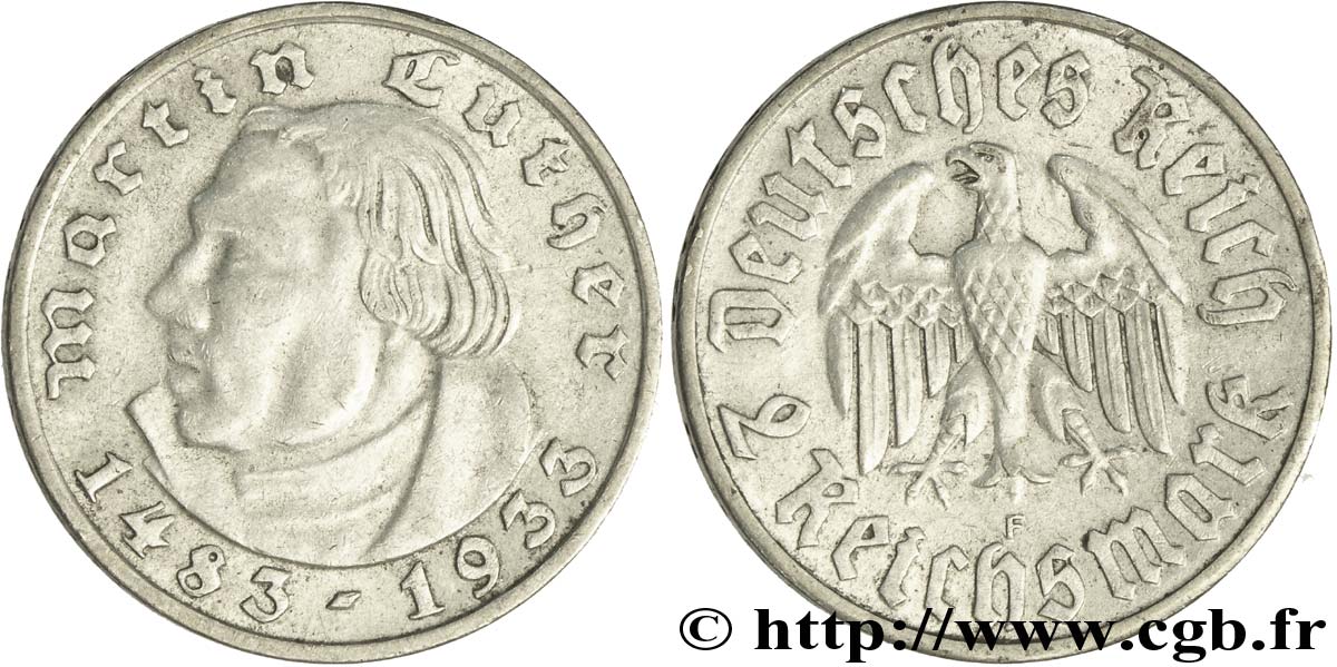 ALLEMAGNE 2 Reichsmark Martin Luther / aigle 1933 Stuttgart - F TTB 