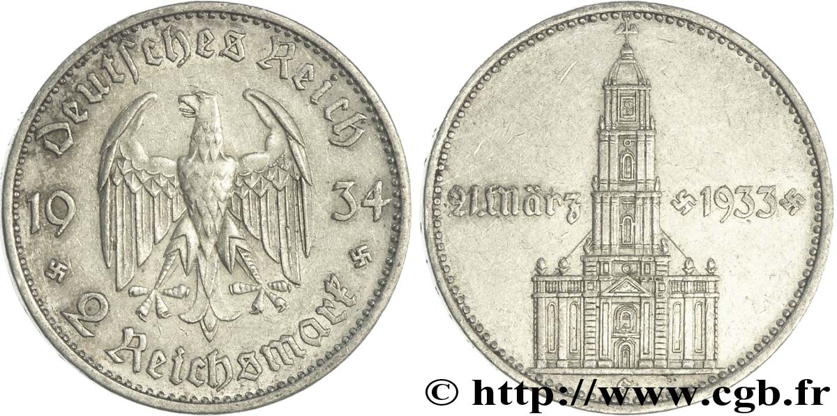 ALLEMAGNE 2 Reichsmark aigle / commémoration du serment du 21 mars 1933 en l’église de la garnison de Potsdam 1934 Muldenhütten - E SUP 