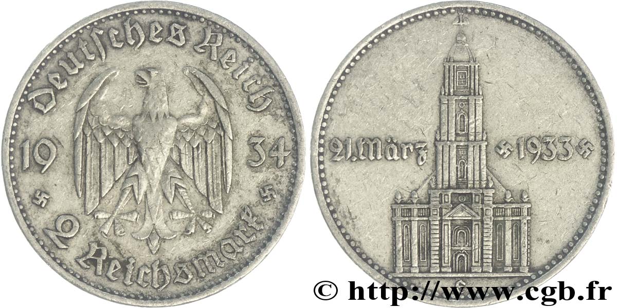 ALLEMAGNE 2 Reichsmark aigle / commémoration du serment du 21 mars 1933 en l’église de la garnison de Potsdam 1934 Muldenhütten - E TTB 
