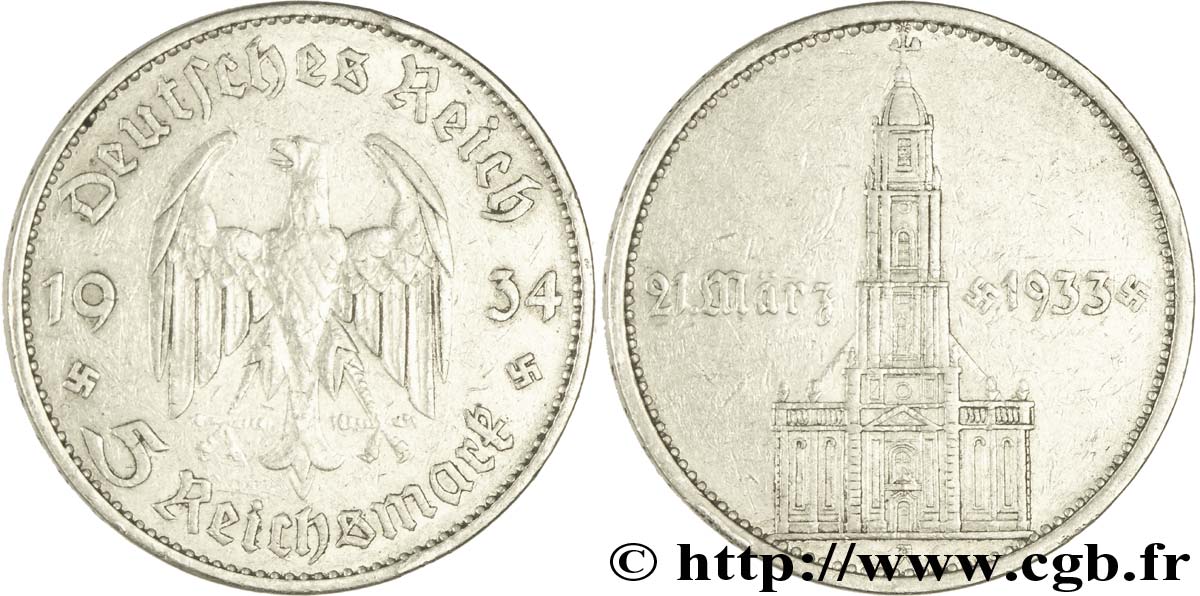 ALLEMAGNE 5 Reichsmark Commémoration du serment du 21 mars 1933 en l’église de la garnison de Potsdam 1934 Berlin TTB 
