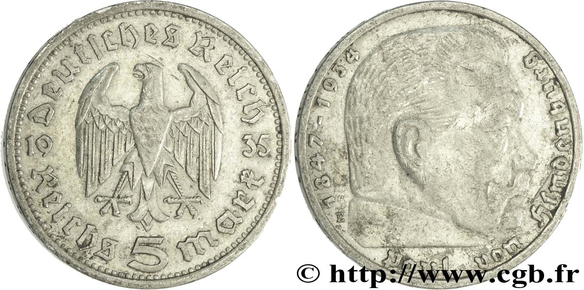 ALLEMAGNE 5 Reichsmark Maréchal Paul von Hindenburg 1935 Muldenhütten - E TTB 