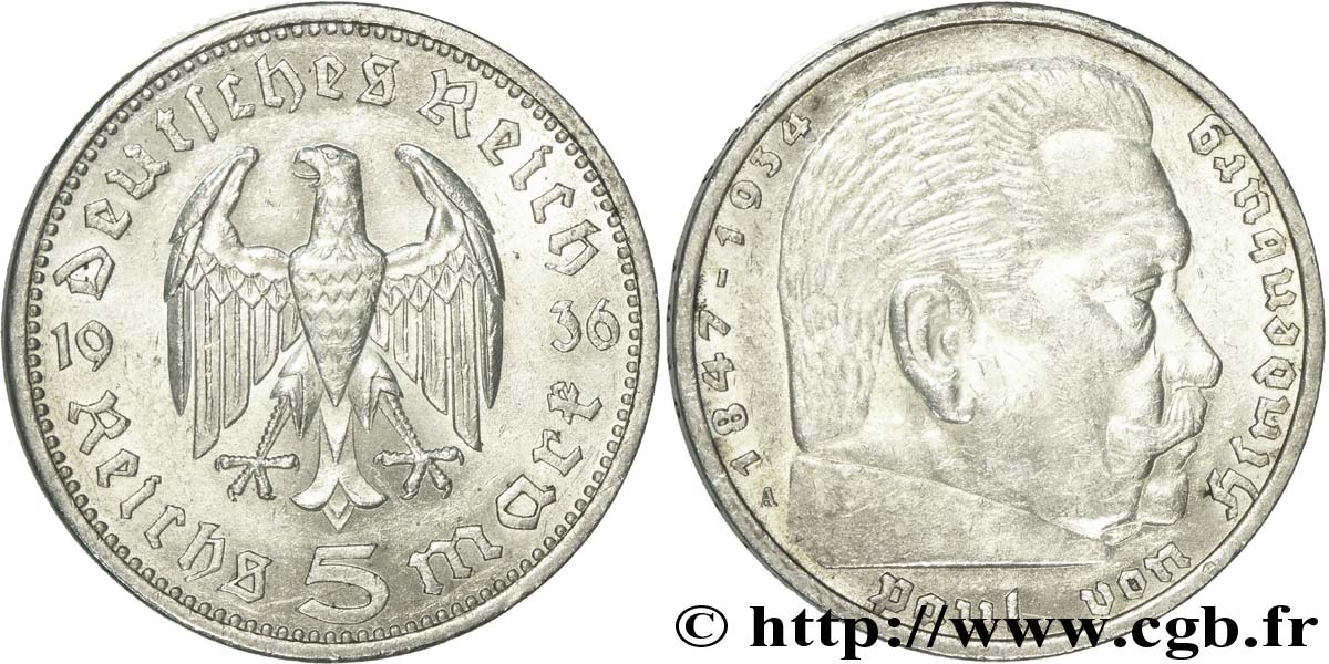 ALLEMAGNE 5 Reichsmark Maréchal Paul von Hindenburg 1936 Berlin SUP 