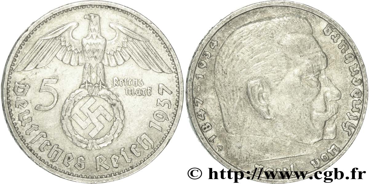 ALLEMAGNE 5 Reichsmark aigle surmontant une swastika / Maréchal Paul von Hindenburg 1937 Munich - D TTB 