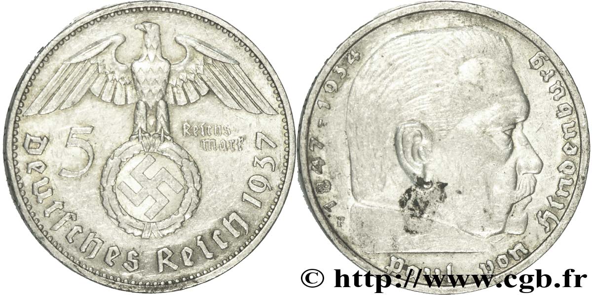 ALLEMAGNE 5 Reichsmark aigle surmontant une swastika / Maréchal Paul von Hindenburg 1937 Stuttgart - F TTB 