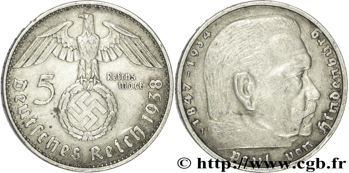 ALLEMAGNE 5 Reichsmark aigle surmontant une swastika / Maréchal Paul von Hindenburg 1938 Hambourg - J TTB 