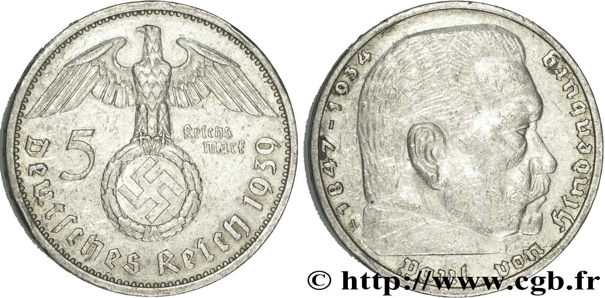 ALLEMAGNE 5 Reichsmark aigle surmontant une swastika / Maréchal Paul von Hindenburg 1939 Berlin TTB 