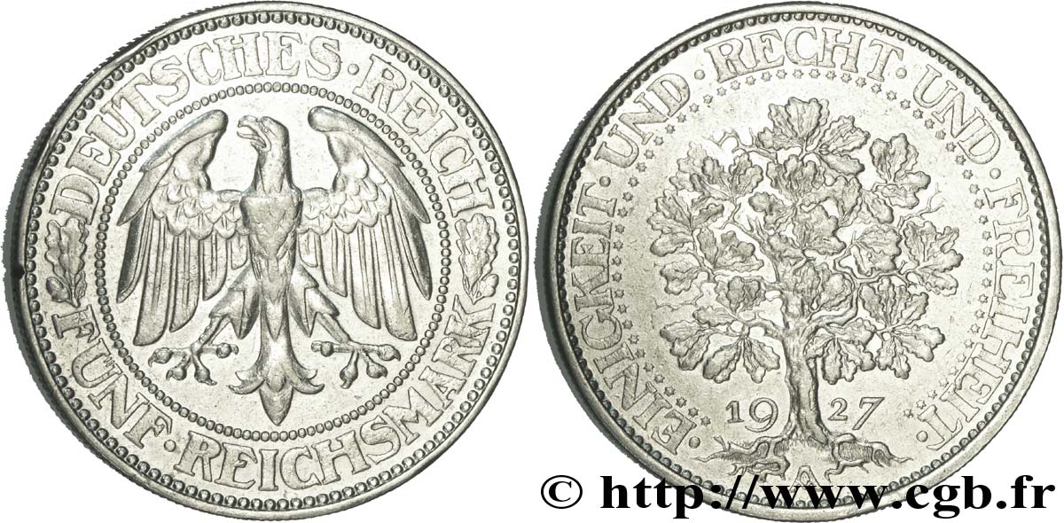 ALLEMAGNE 5 Reichsmark aigle / chêne 1927 Berlin TTB+ 