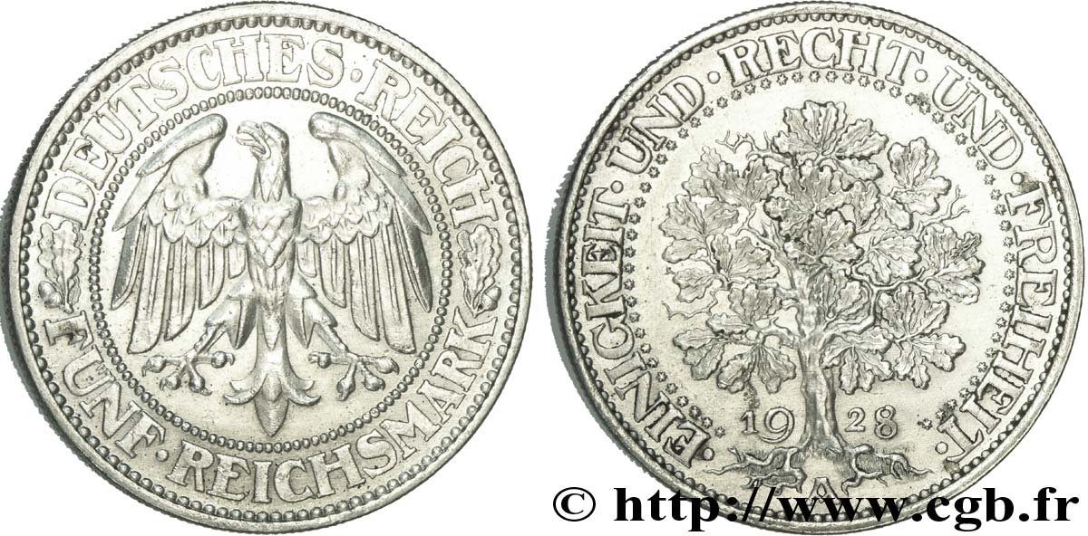 ALLEMAGNE 5 Reichsmark aigle / chêne 1928 Berlin SUP 