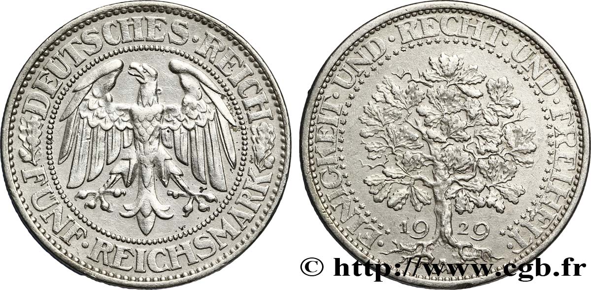 ALLEMAGNE 5 Reichsmark aigle / chêne 1929 Berlin SUP 