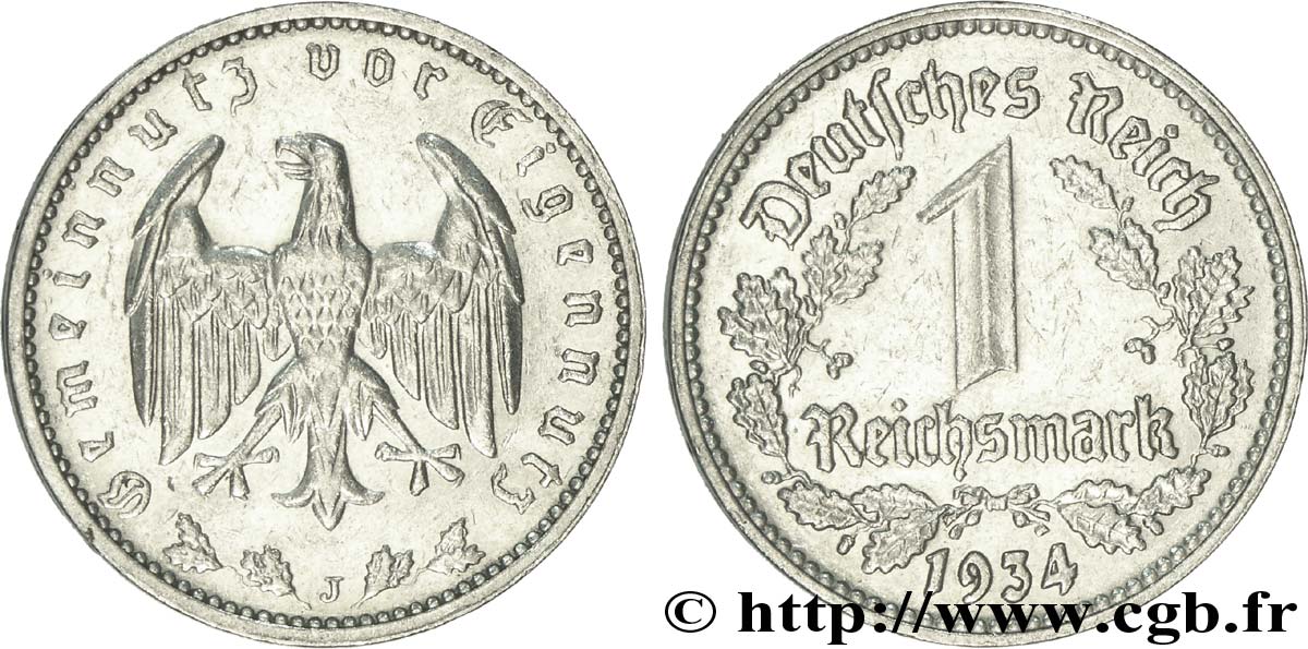 ALLEMAGNE 1 Reichsmark aigle 1934 Hambourg - J TTB+ 