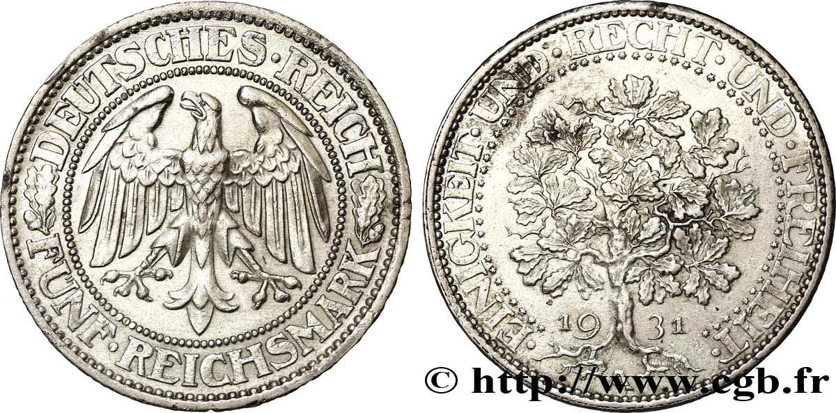 ALLEMAGNE 5 Reichsmark aigle / chêne 1931 Berlin SUP 