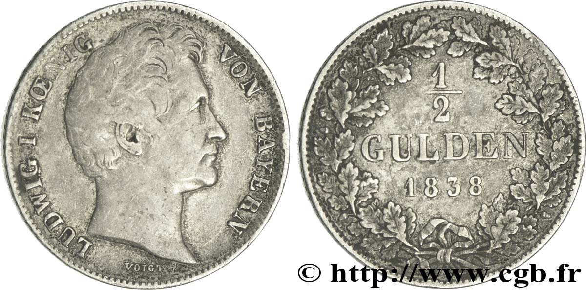 ALLEMAGNE - BAVIÈRE 1/2 Gulden Royaume de Bavière - Louis Ier  1838 Munich TB+ 