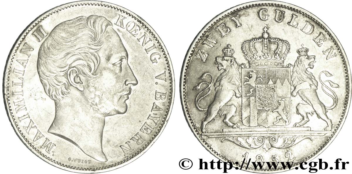 ALLEMAGNE - BAVIÈRE 2 Gulden Royaume de Bavière - Roi Maximilien II de Bavière 1852  TTB 