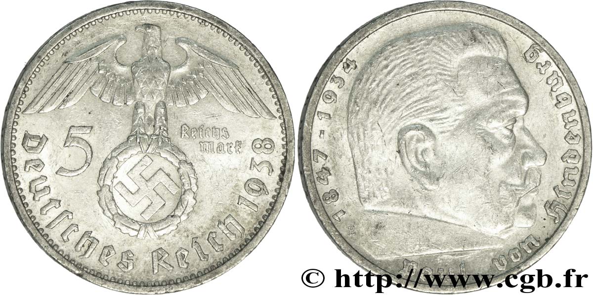 ALLEMAGNE 5 Reichsmark aigle surmontant une swastika / Maréchal Paul von Hindenburg 1938 Muldenhütten - E TTB 