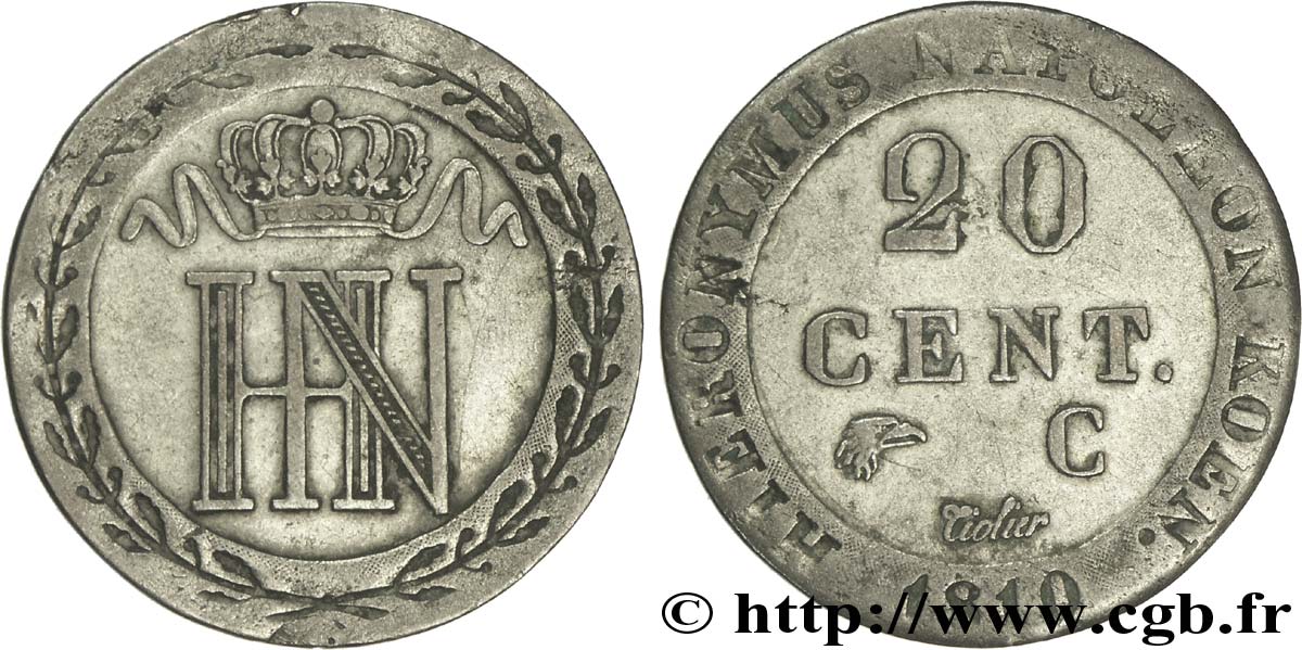 ALLEMAGNE 20 Centimes Royaume de Westphalie, monogramme de Jérôme Bonaparte (Hieronymus Napoleon) 1810 Cassel - C TB 