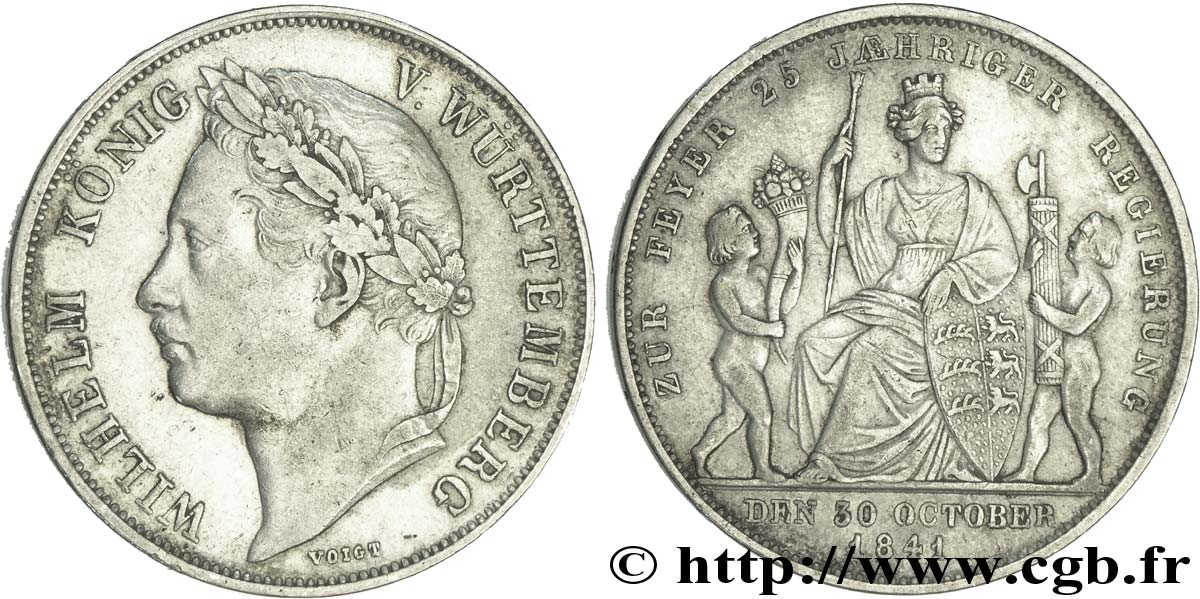 ALLEMAGNE - WURTEMBERG 1 Gulden 25e anniversaire du règne de Guillaume 1841 Stuttgart TTB+ 