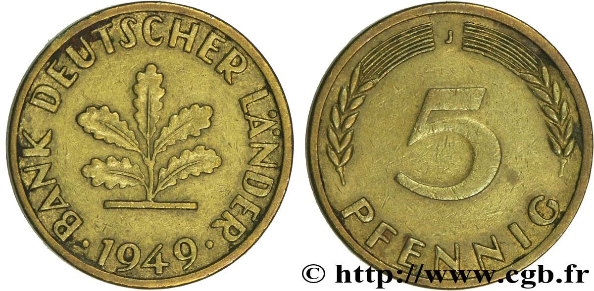 ALLEMAGNE 5 Pfennig “Bank deutscher Länder” 1949 Hambourg - J TTB 