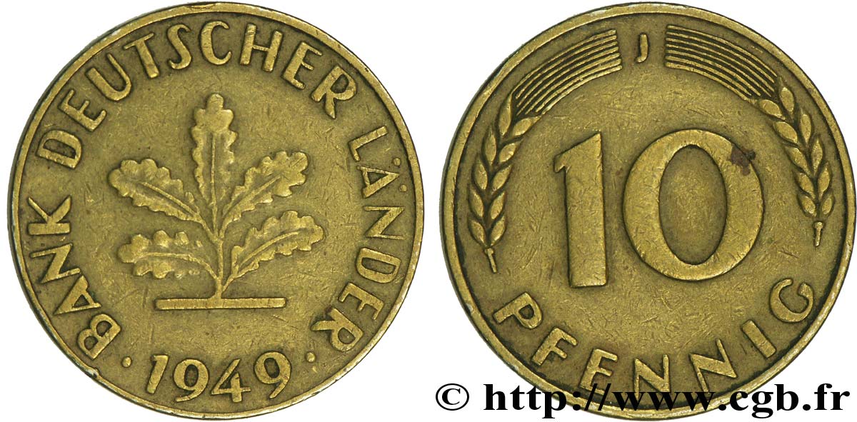 ALLEMAGNE 10 Pfennig “Bank deutscher Länder” 1949 Hambourg - J TTB 