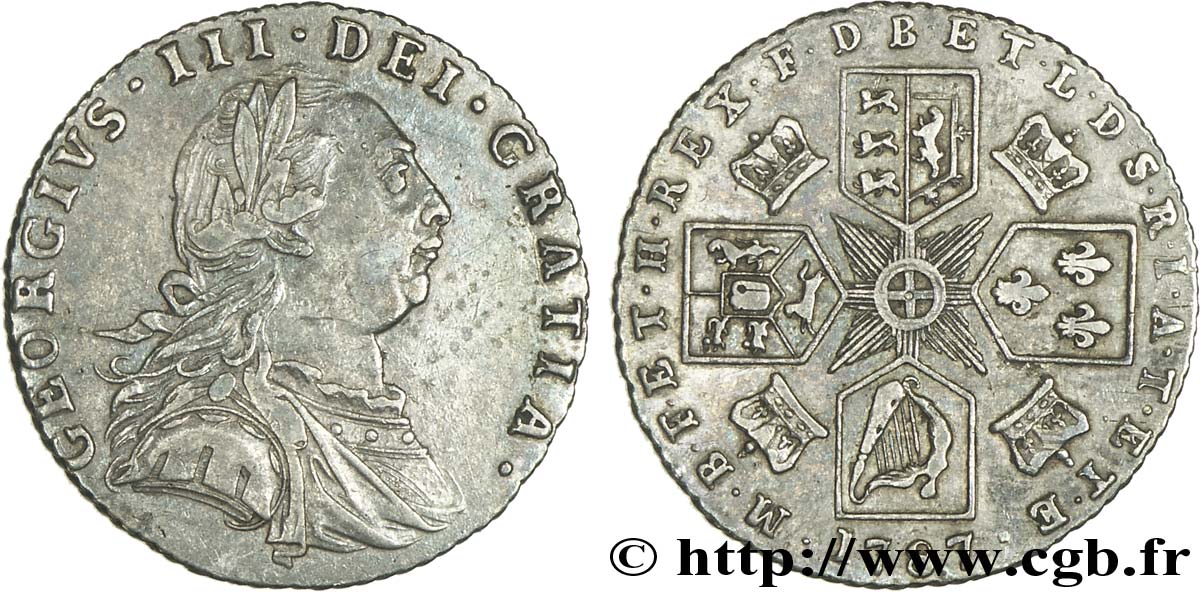 ROYAUME-UNI 6 Pence Georges III / emblème, type sans semée de coeur dans les armes de Hanovre 1787  TTB+ 