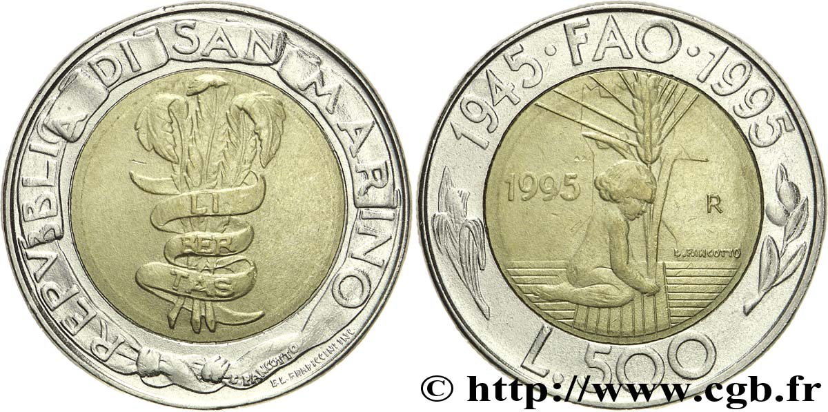 SAINT-MARIN 500 Lire FAO : bannière Libertas / enfant au pied d’un épi de blé 1995 Rome - R TTB 