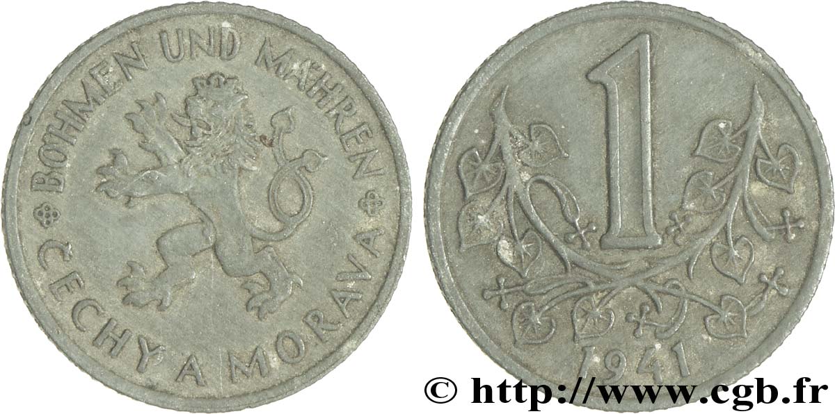 BOHÊME ET MORAVIE 1 Koruna lion / rameaux 1941  TTB 