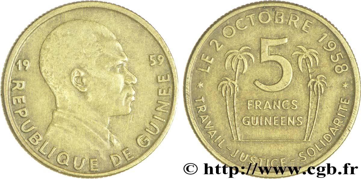 GUINÉE 5 Francs président Ahmed Sekou Touré 1959  TTB 