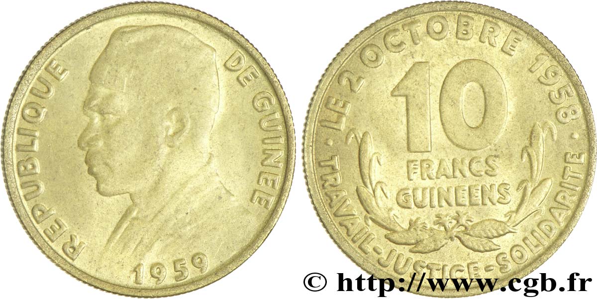 GUINÉE 10 Francs président Ahmed Sekou Touré 1959  SUP 