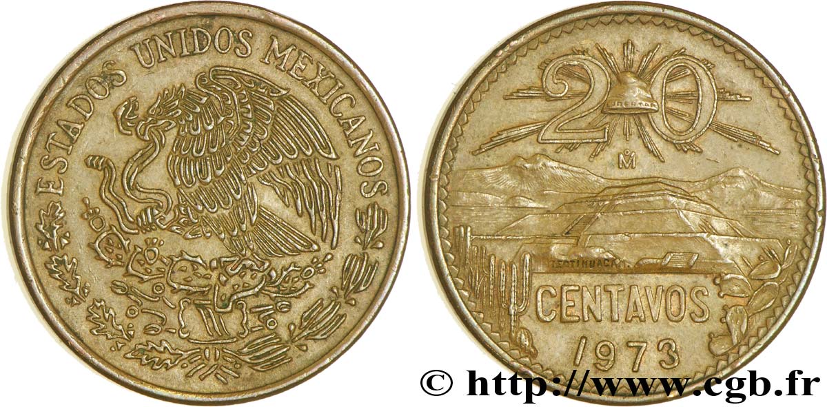MEXIQUE 20 Centavos aigle / pyramide de Teotihuaca 1973 Mexico SUP 